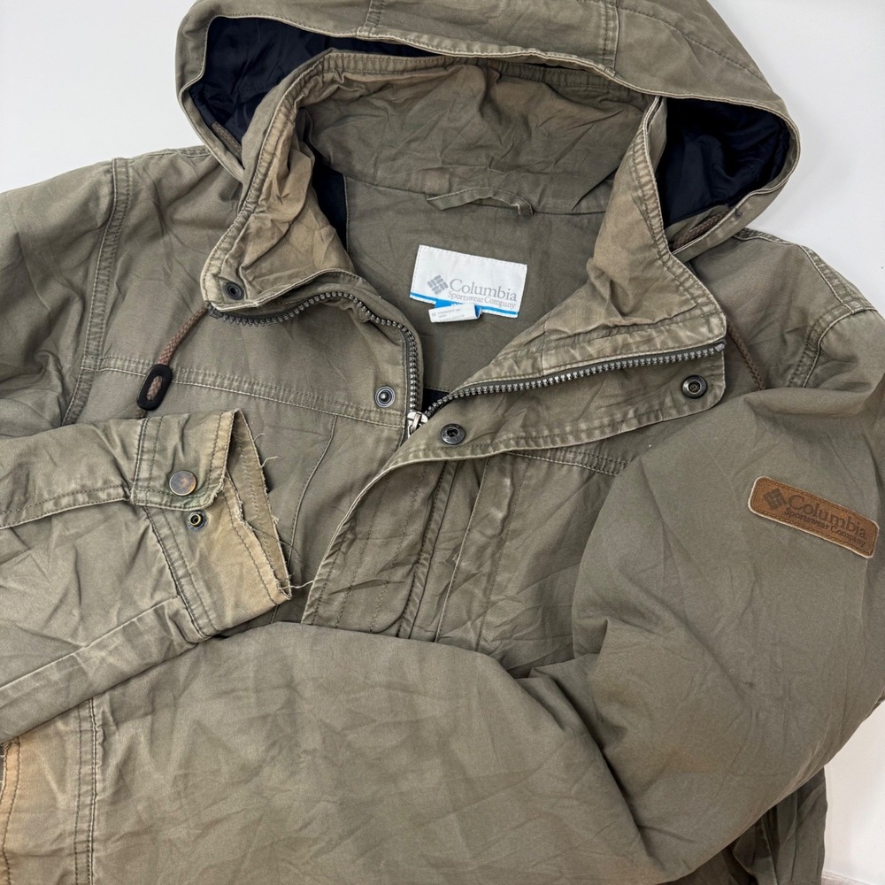 Columbia Mens Medium Olive Green Field Jacket Hooded Insulated Distressed
